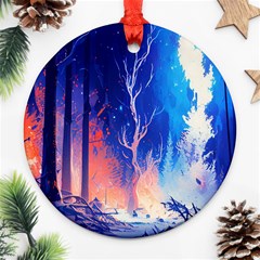 Winter Snow Mountain Fire Flame Round Ornament (two Sides) by Ravend