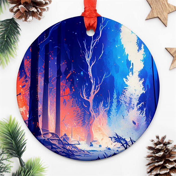 Winter Snow Mountain Fire Flame Round Ornament (Two Sides)