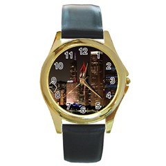 Chicago City Architecture Downtown Round Gold Metal Watch