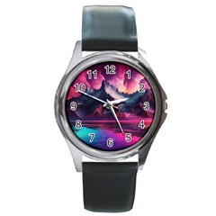 Ai Generated Mountain Ocean Lava Round Metal Watch by Ravend