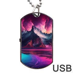 Ai Generated Mountain Ocean Lava Dog Tag Usb Flash (two Sides) by Ravend