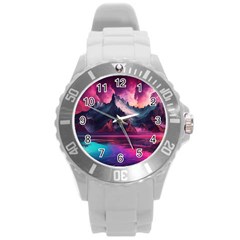 Ai Generated Mountain Ocean Lava Round Plastic Sport Watch (l) by Ravend