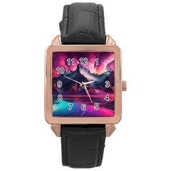 Ai Generated Mountain Ocean Lava Rose Gold Leather Watch  by Ravend