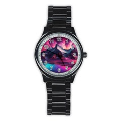 Ai Generated Mountain Ocean Lava Stainless Steel Round Watch by Ravend