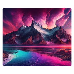 Ai Generated Mountain Ocean Lava Premium Plush Fleece Blanket (small) by Ravend