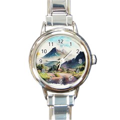 Countryside Trees Grass Mountain Round Italian Charm Watch by Ravend