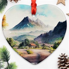 Countryside Trees Grass Mountain Ornament (heart)