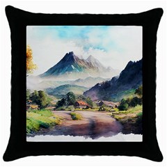 Countryside Trees Grass Mountain Throw Pillow Case (black) by Ravend