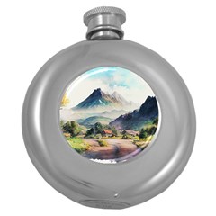 Countryside Trees Grass Mountain Round Hip Flask (5 Oz) by Ravend