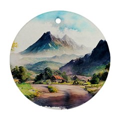 Countryside Trees Grass Mountain Round Ornament (two Sides) by Ravend