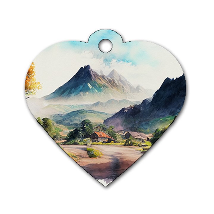 Countryside Trees Grass Mountain Dog Tag Heart (Two Sides)