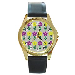 Pattern Flowers Art Creativity Round Gold Metal Watch by Uceng