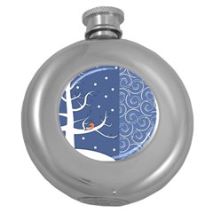 Bird Winter Bullfinch Patterns Art Round Hip Flask (5 Oz) by Uceng