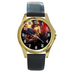 Nebula Galaxy Stars Astronomy Round Gold Metal Watch by Uceng