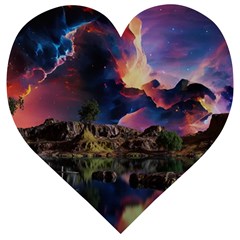 Lake Galaxy Stars Science Fiction Wooden Puzzle Heart by Uceng