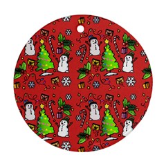 Santa Snowman Gift Holiday Round Ornament (two Sides) by Uceng