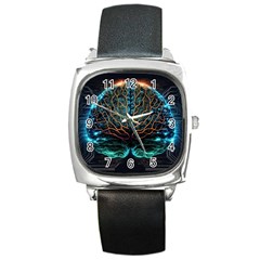 Brain Mind Technology Circuit Board Layout Patterns Square Metal Watch by Uceng