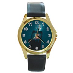 Swimming  Round Gold Metal Watch by artworkshop