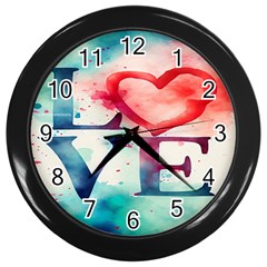 Valentines Day Heart Watercolor Background Wall Clock (black) by artworkshop