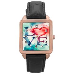 Valentines Day Heart Watercolor Background Rose Gold Leather Watch 