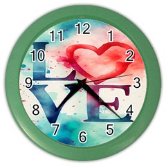 Valentines Day Heart Watercolor Background Color Wall Clock by artworkshop