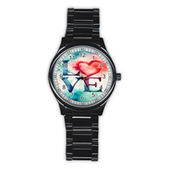 Valentines Day Heart Watercolor Background Stainless Steel Round Watch by artworkshop