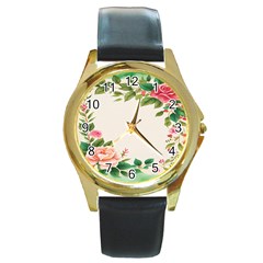 Watercolor Flower Round Gold Metal Watch by artworkshop