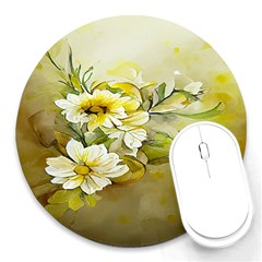 Watercolor Yellow And-white Flower Background Round Mousepad by artworkshop