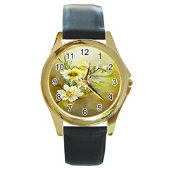 Watercolor Yellow And-white Flower Background Round Gold Metal Watch