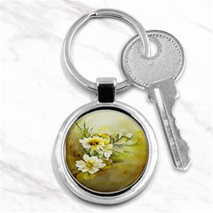 Watercolor Yellow And-white Flower Background Key Chain (round)