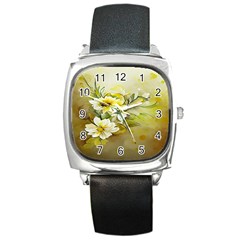 Watercolor Yellow And-white Flower Background Square Metal Watch by artworkshop