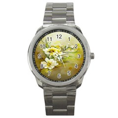 Watercolor Yellow And-white Flower Background Sport Metal Watch by artworkshop