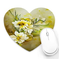 Watercolor Yellow And-white Flower Background Heart Mousepad by artworkshop