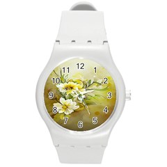 Watercolor Yellow And-white Flower Background Round Plastic Sport Watch (M)