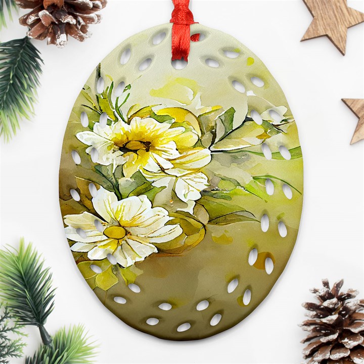 Watercolor Yellow And-white Flower Background Ornament (Oval Filigree)