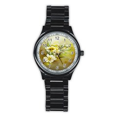 Watercolor Yellow And-white Flower Background Stainless Steel Round Watch by artworkshop