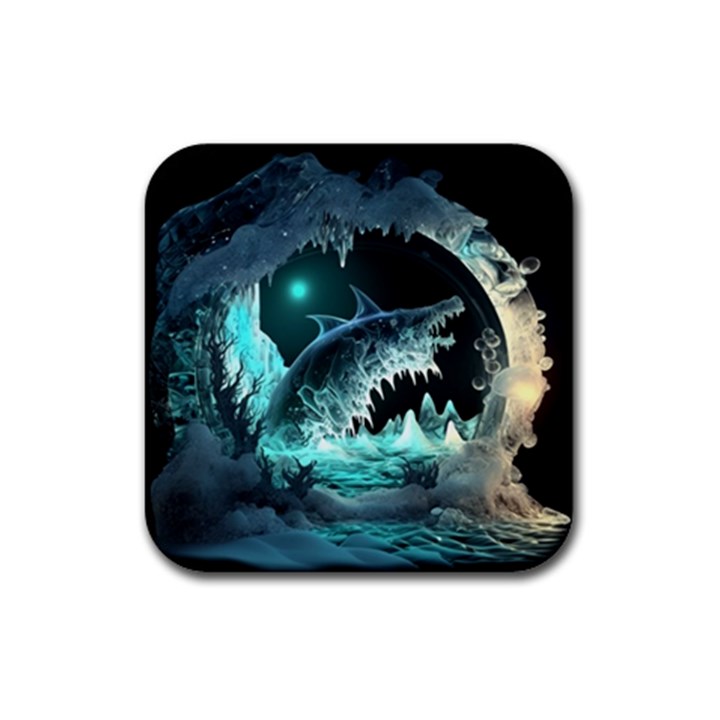 Sculpture Dinosaur Shark Frozen Winter Fantasy Rubber Coaster (Square)