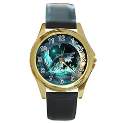 Sculpture Dinosaur Shark Frozen Winter Fantasy Round Gold Metal Watch by Ravend