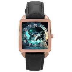 Sculpture Dinosaur Shark Frozen Winter Fantasy Rose Gold Leather Watch  by Ravend