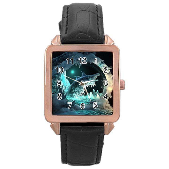 Sculpture Dinosaur Shark Frozen Winter Fantasy Rose Gold Leather Watch 