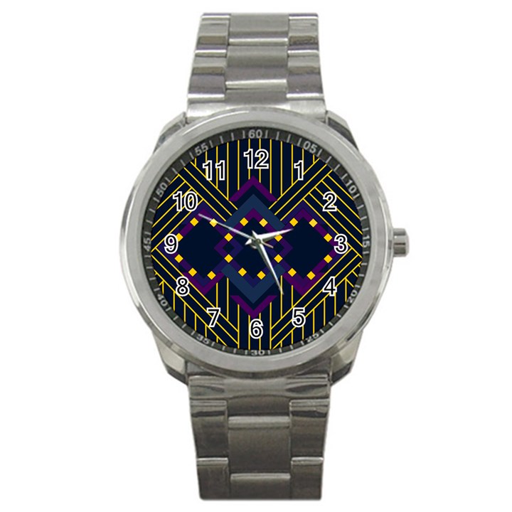 Line Square Pattern Violet Blue Yellow Design Sport Metal Watch