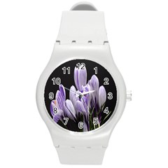 Crocus Flowers Purple Flowers Spring Nature Round Plastic Sport Watch (m) by Ravend