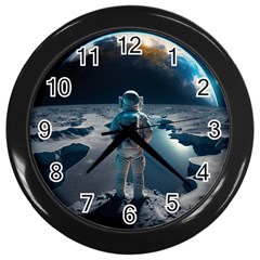 Ai Generated Space Astronaut Universe Moon Earth Wall Clock (black) by Ravend