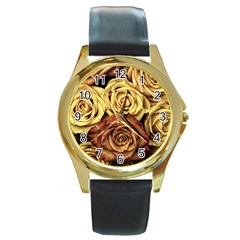 Flowers Roses Plant Bloom Blossom Round Gold Metal Watch by Ravend