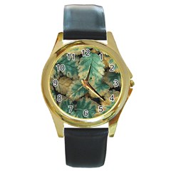 Colored Close Up Plants Leaves Pattern Round Gold Metal Watch