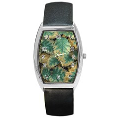 Colored Close Up Plants Leaves Pattern Barrel Style Metal Watch