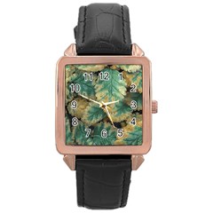 Colored Close Up Plants Leaves Pattern Rose Gold Leather Watch 