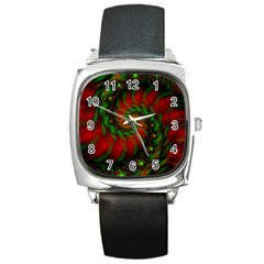 Fractal Green Red Spiral Happiness Vortex Spin Square Metal Watch by Ravend