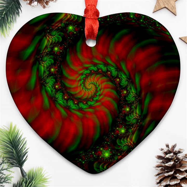 Fractal Green Red Spiral Happiness Vortex Spin Heart Ornament (Two Sides)