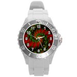 Fractal Green Red Spiral Happiness Vortex Spin Round Plastic Sport Watch (L) Front